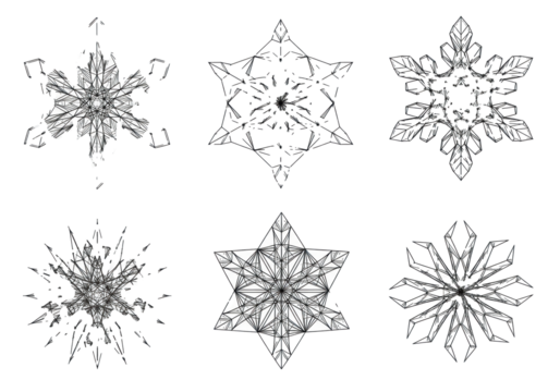 Five symmetrical, minimalist black line vector icons of intricate snowflakes, high contrast on a studio white background, pixel perfect clarity. Concept for winter graphic design assets