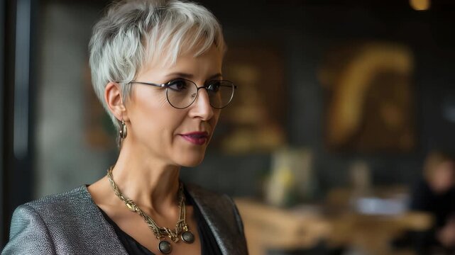 Mature business woman in a modern setting displaying confidence and professionalism while engaged in a small business discussion in an upscale cafe environment