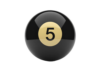 Black number 5 billiard ball isolated on transparent background, sleek glossy sphere with golden circle and number, perfect for games and sports themes