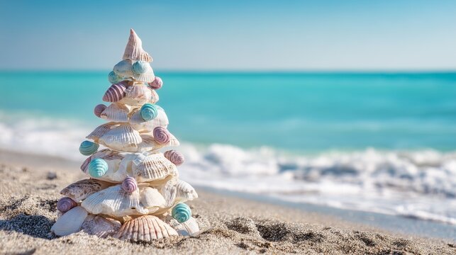 Sandy holiday tree sculpted on sunny beach with seashell ornaments