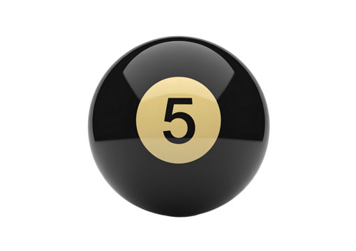 Black number 5 billiard ball isolated on transparent background, sleek glossy sphere with golden circle and number, perfect for games and sports themes