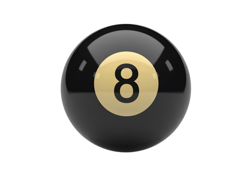 Shiny black eight ball with a golden circle and the number 8 in the center isolated on a transparent background