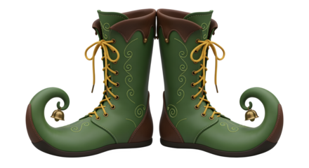 Whimsical green elf boots with curly toes and golden bells, perfect for holiday magic.