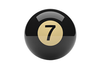 Shiny black number 7 pool ball on transparent background, sleek glossy seven billiard ball with smooth surface and crisp detail