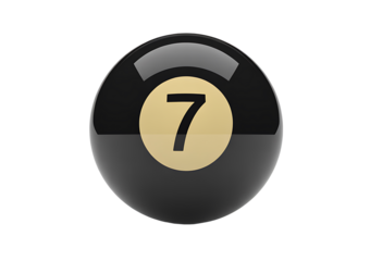 Shiny black number 7 pool ball on transparent background, sleek glossy seven billiard ball with smooth surface and crisp detail