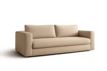 Modern beige two-seater sofa isolated on transparent background for home decor