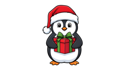 Adorable penguin in Santa hat holds festive gift, spreading holiday cheer