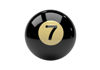 Shiny black number 7 pool ball on transparent background, sleek glossy seven billiard ball with smooth surface and crisp detail
