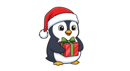 Adorable penguin wearing a Santa hat, holding a festive gift, ready for holiday cheer.