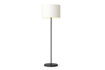 Modern floor lamp with white shade and dark stand, isolated on transparent background