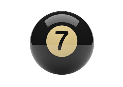 Shiny black number 7 pool ball on transparent background, sleek glossy seven billiard ball with smooth surface and crisp detail