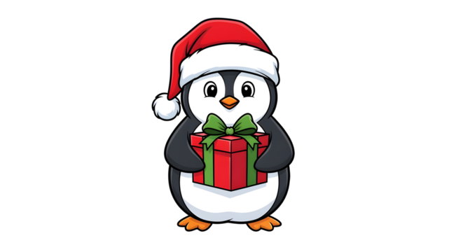 Adorable penguin in Santa hat holds festive gift, spreading holiday cheer