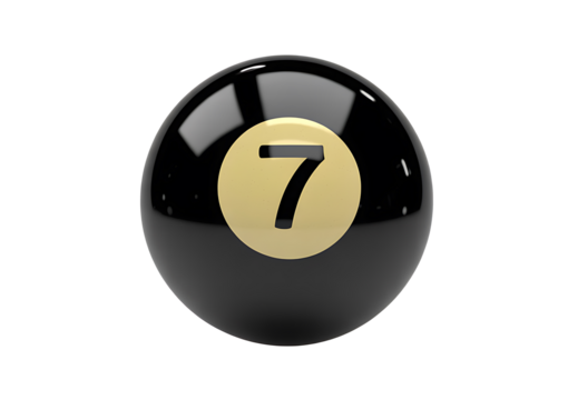 Shiny black number 7 pool ball on transparent background, sleek glossy seven billiard ball with smooth surface and crisp detail