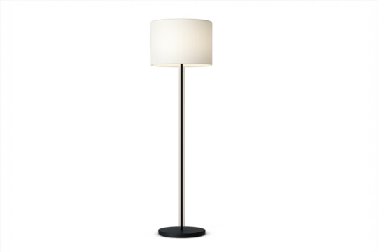Sleek modern floor lamp with white shade, isolated on transparent background