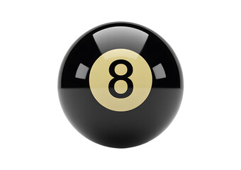 Shiny black pool ball with number eight in light gold circle on transparent background realistic 3d render isolated object