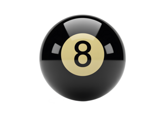 Shiny black pool ball with number eight in light gold circle on transparent background realistic 3d render isolated object