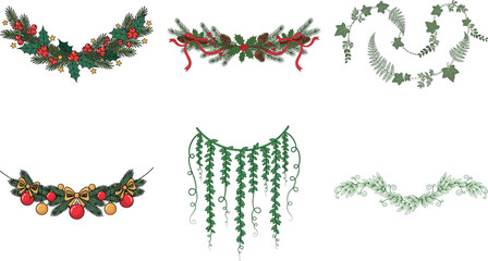 Set of six festive holiday garlands, including floral, evergreen, and berry designs isolated on transparent background