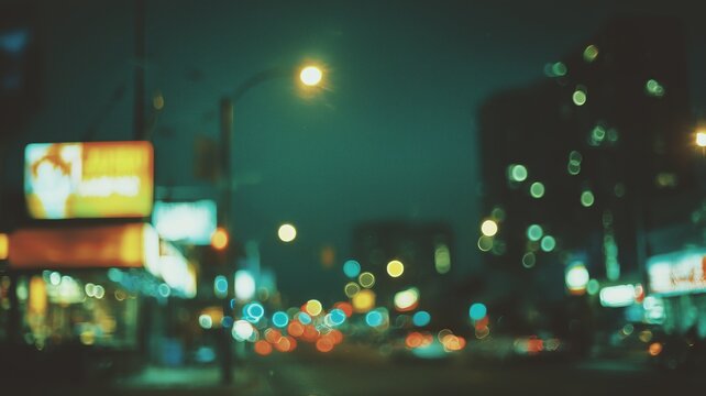 Dreamy night city street scene with vibrant bokeh lights, blurred cars, glowing sign, and a surreal album cover atmosphere blending urban mystery and colorful luminescence