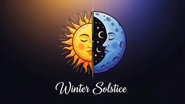 Winter solstice illustration of sun and moon with faces on dark background