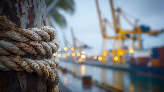 Close-up of a weathered, rust-streaked bollard tightly wrapped with thick nautical rope, blurred cranes and cargo ships in the soft-focus background