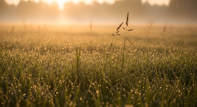 Agriculture and green environmental technology combine in a wind power farm landscape featuring a wheat field at sunset under a blue sky