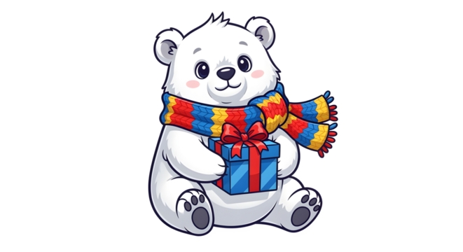 Adorable polar bear cub in a colorful scarf holds a festive gift, ready for winter celebrations.