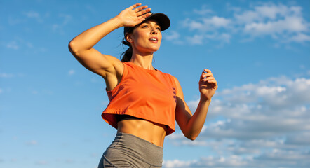 Fit athletic woman running outdoors under the sun. Strong female runner taking a break during a workout. Healthy lifestyle and fitness concept