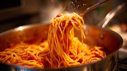 Delicious Spaghetti with Rich Tomato Sauce Being Served from a Stainless Steel Pot in a Cozy Kitchen Setting, Perfect for Food Lovers and Cooking Enthusiasts