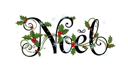 Elegant 'Noel' script adorned with festive holly and sparkling snowflakes.