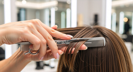 Hairdresser cutting brown hair with scissors in a salon. Close-up of a stylist's hands trimming a client's hair. Professional hairstyling and beauty treatment