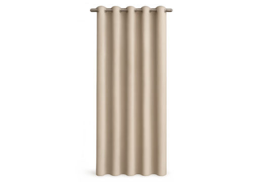 Elegant pleated beige drapery panel with metal grommets, transparent background