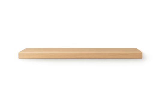 Clean wooden plank shelf for display isolated on transparent background