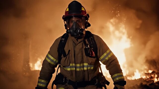 Firefighter in Action Against Fiery Backdrop.