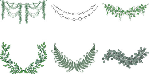 Set of six hand drawn botanical wreaths and garlands isolated on transparent background, vector illustration