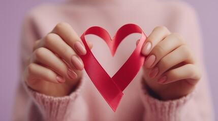 Obraz premium A young woman holds a red paper heart in her hands. She wears a light pink sweater. The background is a soft purple color.