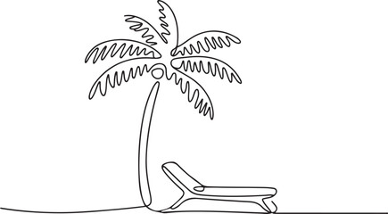 continuous line drawing of coconut tree and beach mattress Tourism beach sea vector illustration. one line Icon drawing © firoz