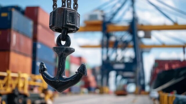 Close-up of industrial crane hook mid-motion, vibrant containers in background, sunlight highlighting metallic surfaces and casting sharp shadows