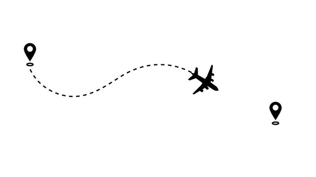 Airplane line path with location map animation isolated on white background