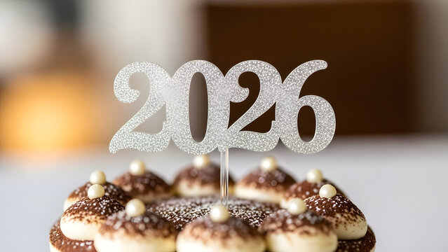 Sparkling glitter '2026' cake topper beautifully decorates a decadent dessert, perfect for celebrating New Year's Eve, birthdays, anniversaries, or future milestone events