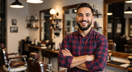 Obraz premium Smiling male barber with arms crossed in a modern barbershop. Portrait of a confident hairstylist and small business owner. Copy space for text
