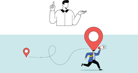 Vector Illustration of a Businessman Running with a Megaphone Following a Dotted Line Path Between Location Pins Concept of Marketing Navigation and Spreading a Message