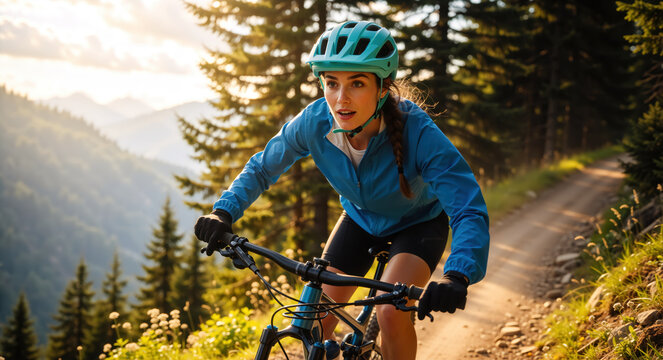 Young woman mountain biking on a forest trail at sunset. Female cyclist riding downhill in nature. Outdoor adventure and active lifestyle