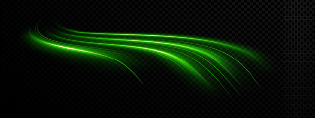Png effect with green speed wave and line. Light cartoon laser with glow and green. Png effect neon energy hero twirl futuristic design trail bolt wind ray bg thunder white lens street banner. © RDVector