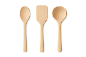 Beautiful wooden kitchen spoons and spatula, isolated on transparent background