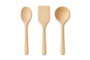 Beautiful wooden kitchen spoons and spatula, isolated on transparent background