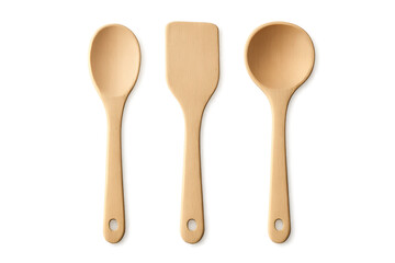 Wooden kitchen tools set: spoon, spatula, and ladle isolated on transparent background.