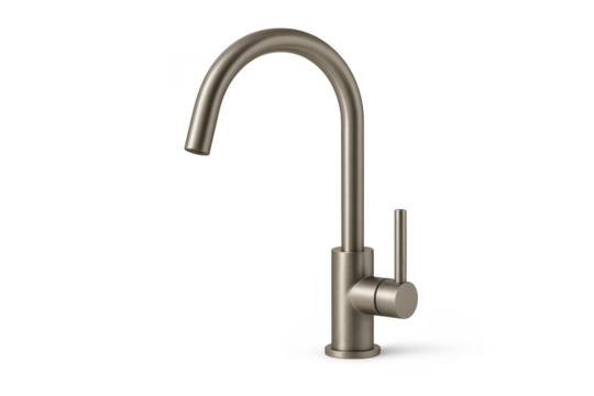 Modern brushed metal kitchen faucet isolated on a transparent background, sleek design