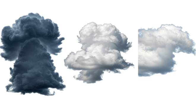 three highly detailed, realistic clouds (cumulonimbus, cumulus, cirrus) isolated side-by-side on a clinical white background with volumetric light concept of meteorological elements diversity