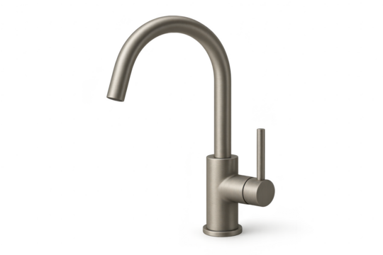 Modern brushed nickel kitchen faucet isolated on transparent background.