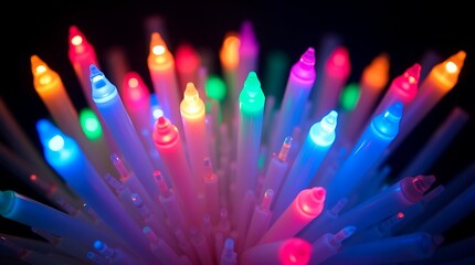 Close up of colorful christmas lights with white tubes against a dark black background scene view